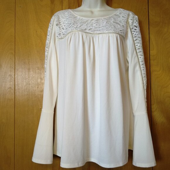 Adrianna Papell Women's Large White Pullover Lace Long Bell Sleeve Blouse Boho - Picture 1 of 7